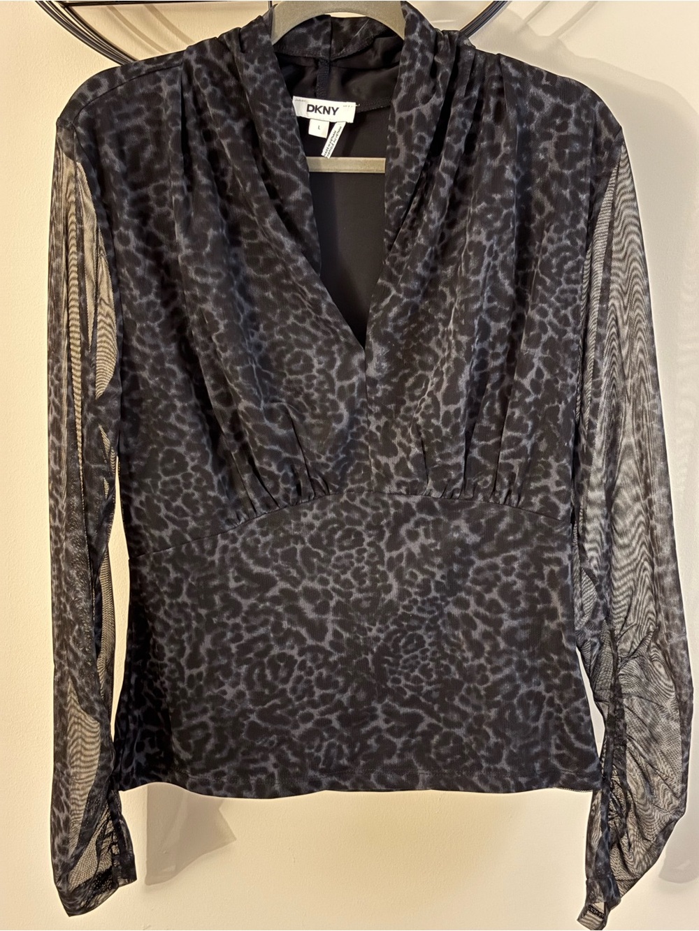 DKNY Black and Charcoal Leopard Print V-Neck Blouse